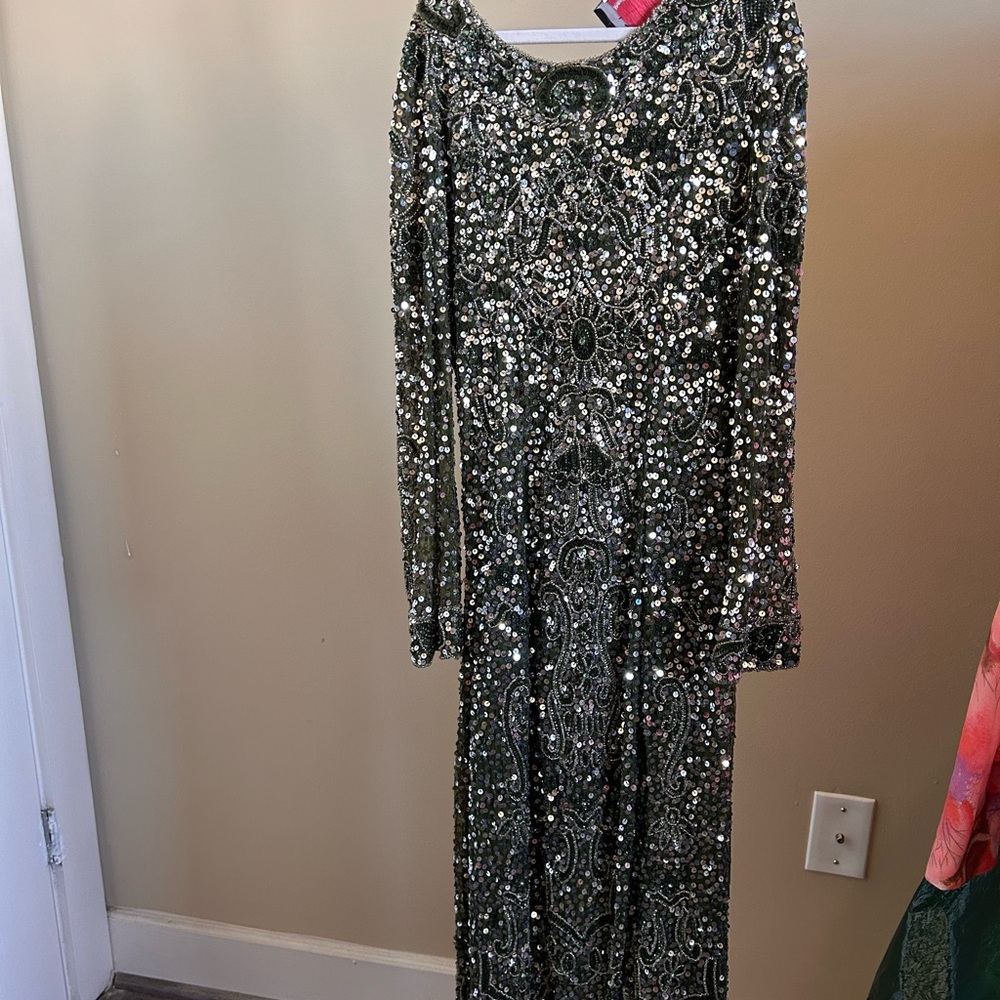 Vintage Mac Duggal Green and silver Long Sleeve Gown